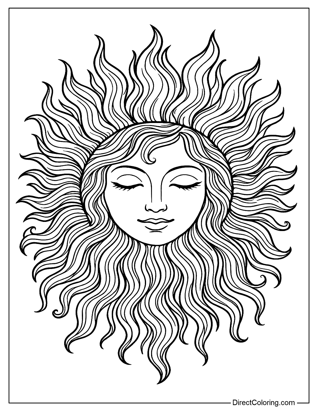 artistic Sun coloring page with long hair like flames, lots of details for adults